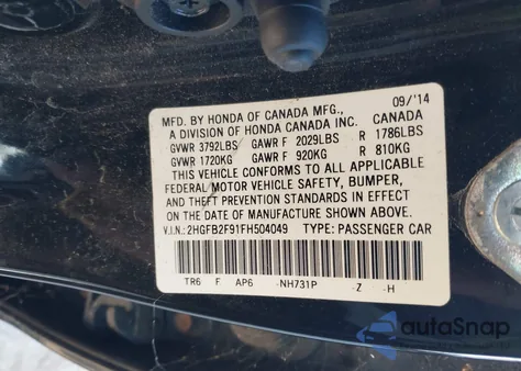 2015 Honda Civic Ex-L from USA, damaged, VIN 2HGFB2F91FH504049